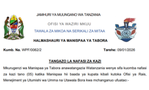 NAFASI za Kazi Manispaa ya Tabora